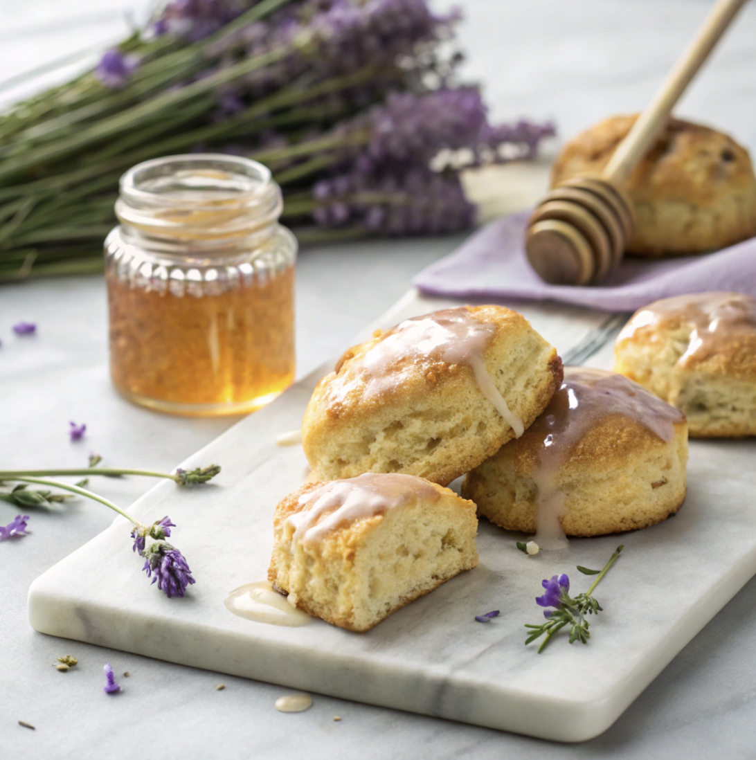 Golden Lavender Honey Scones with a glossy lavender-honey glaze, arranged on a white marble board. One scone is split open, revealing a tender, flaky interior, with a drizzle of glaze dripping down the side. A small jar of honey and a sprig of fresh lavender sit in the background, set against a soft, natural light backdrop, creating an elegant and inviting scene.