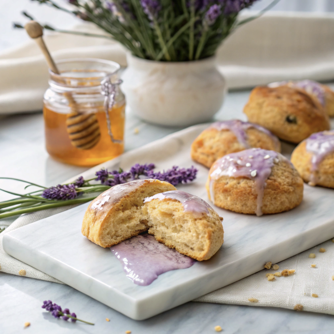 Fotografia de alimentos profissionais de scones de mel de lavanda dourada com um esmalte brilhante de lavanda, arranjado em uma prancha de mármore branco. Um bolinho é aberto, revelando um interior macio e escamosa, com uma garoa de esmalte pingando pela lateral. Um pequeno pote de mel e um raminho de lavanda fresca sentam -se ao fundo, colocados em um cenário de luz macia e natural.