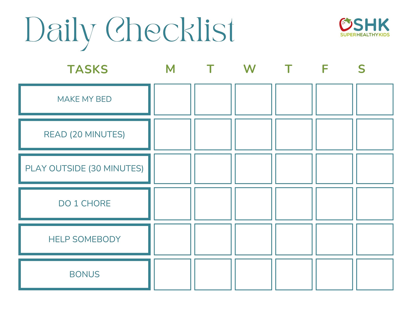 Sample of a daily checklist for kids to complete before they can watch TV