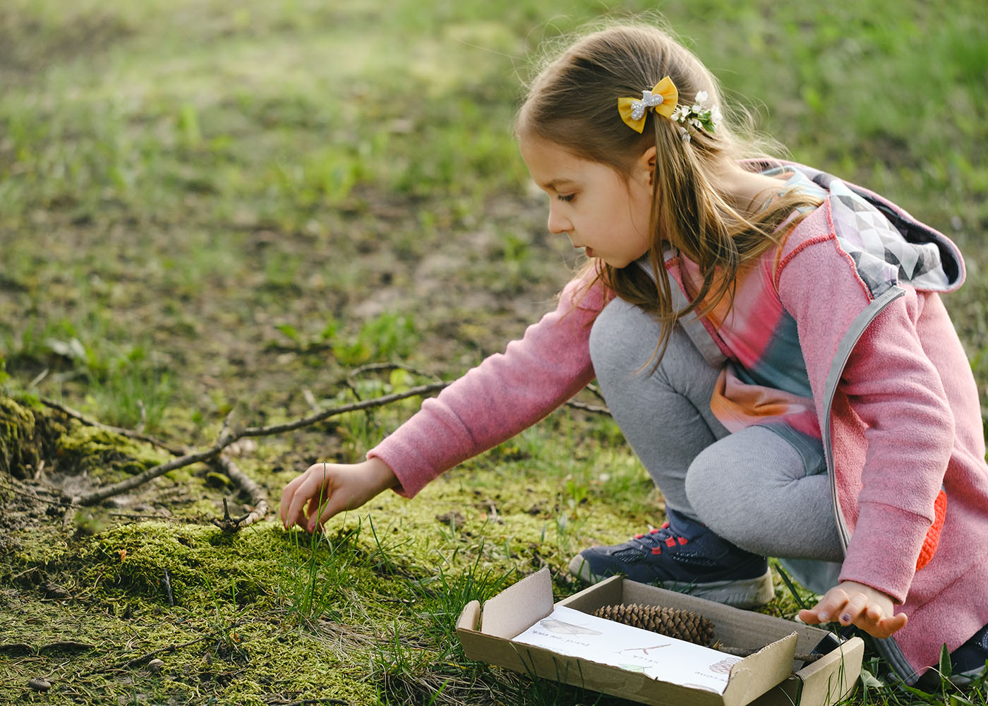 Little girl with brown hair picking up an acorn to put it in her box collection of natural treasures