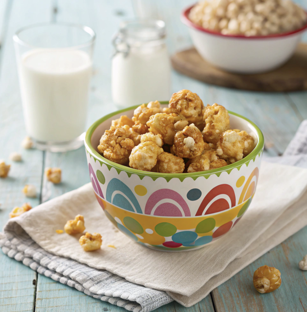 A colorful bowl filled with homemade crisp caramel corn topped with a glass of milk.