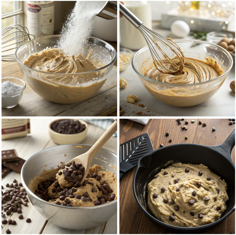 Process images showing how to make peanut butter chocolate chip skillet cookies.