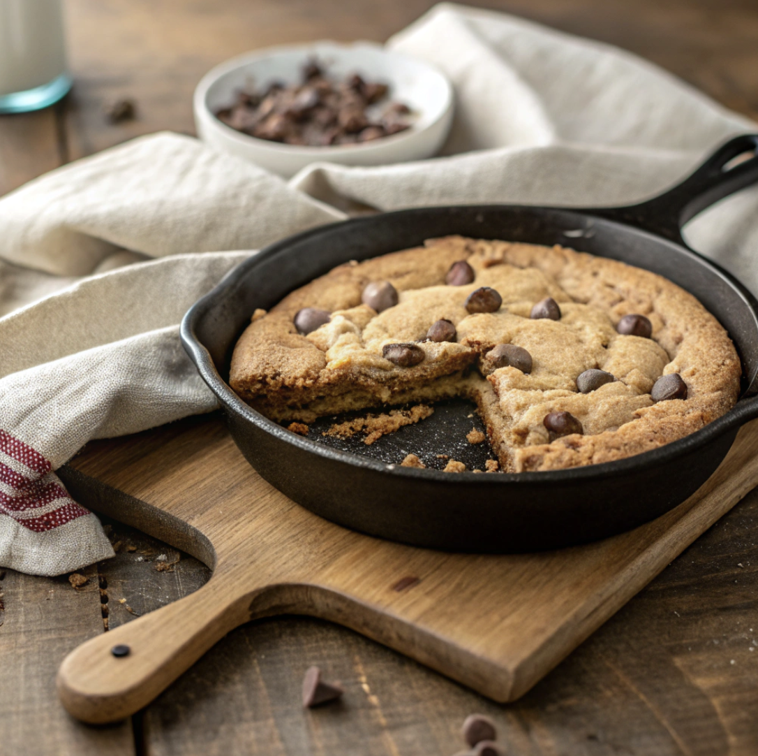 A peanut butter chocolate chip cookie baked in a cast iron skillet on a wooden cutting board with a linen.