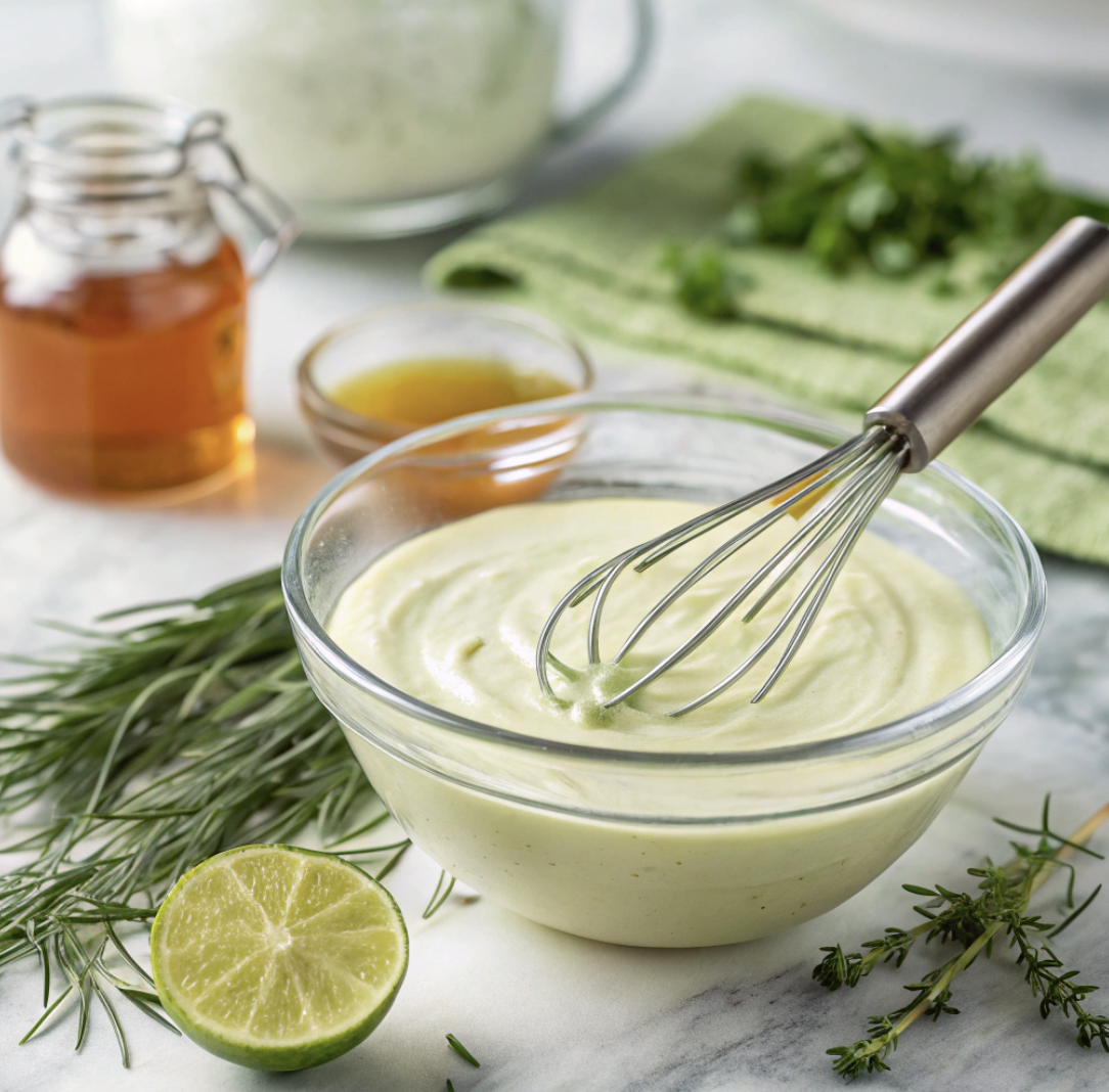 Whisk the seasoning in a transparent bowl with tornado spots on it. Honey and lime are visible in the background.