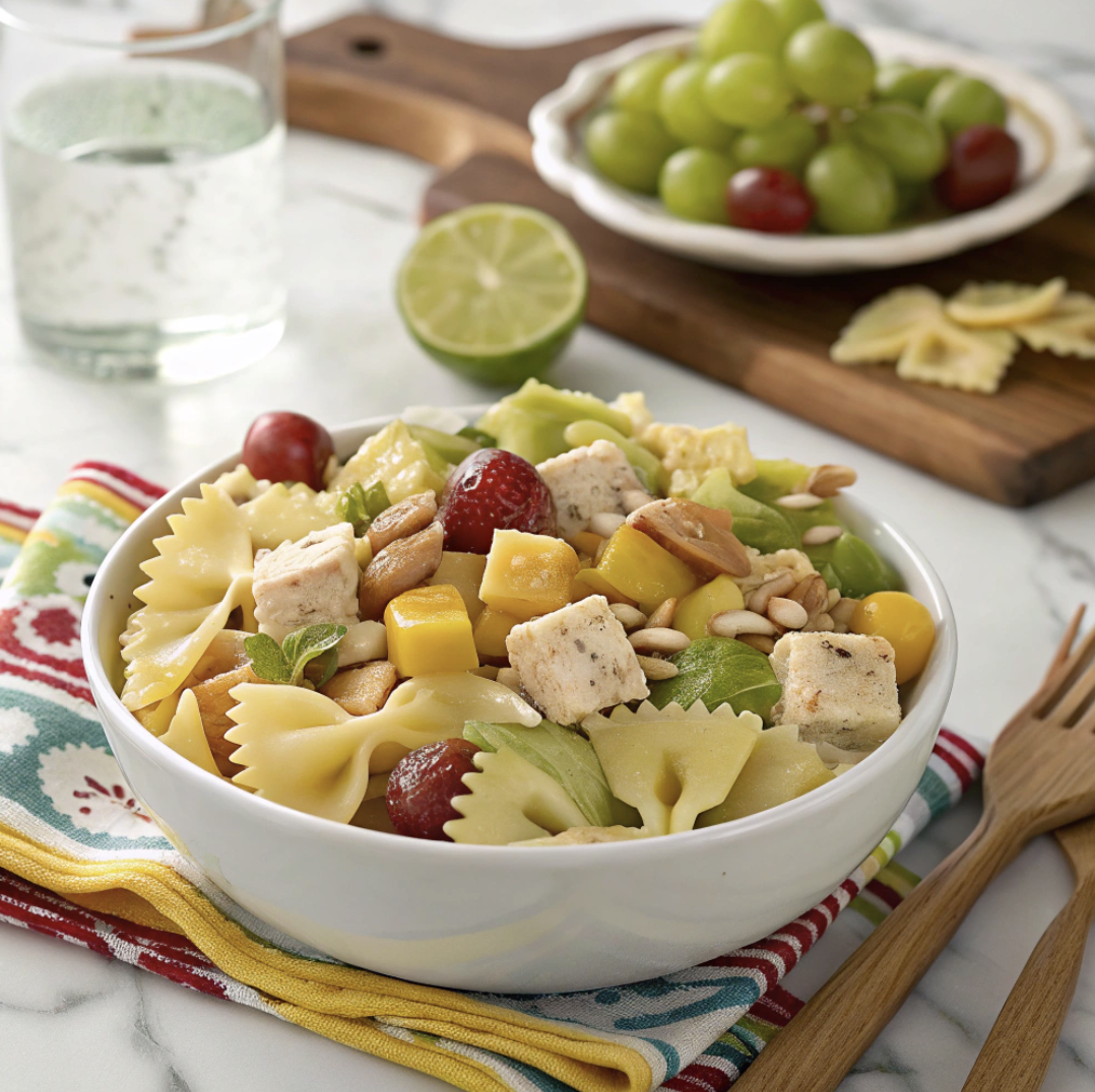 Plated serving in a colorful bowl, garnished with herbs, avocado, and extra grapes. Clean napkin and drink on the side.