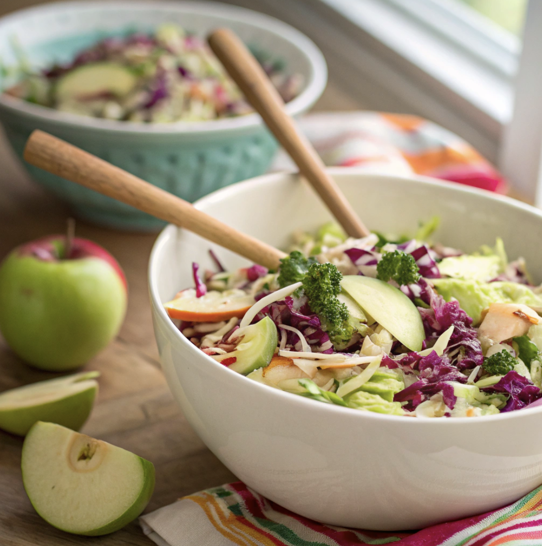 A white ceramic bowl with two wooden spoons, filled with an apple slaw. An apple and a striped linen are in the background.