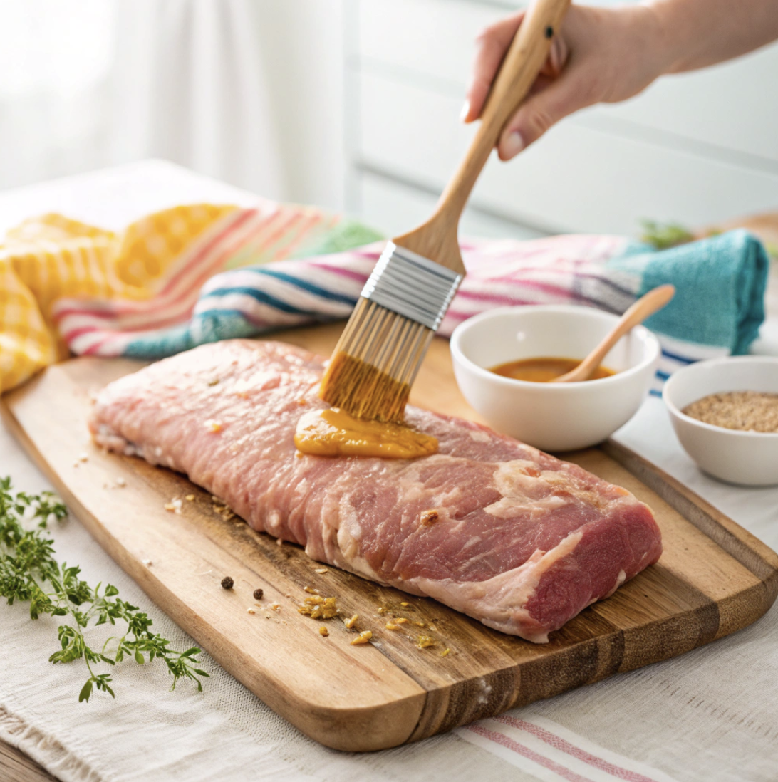 Pork tenderloin on a large wood cutting board being brushed with a maple glaze.