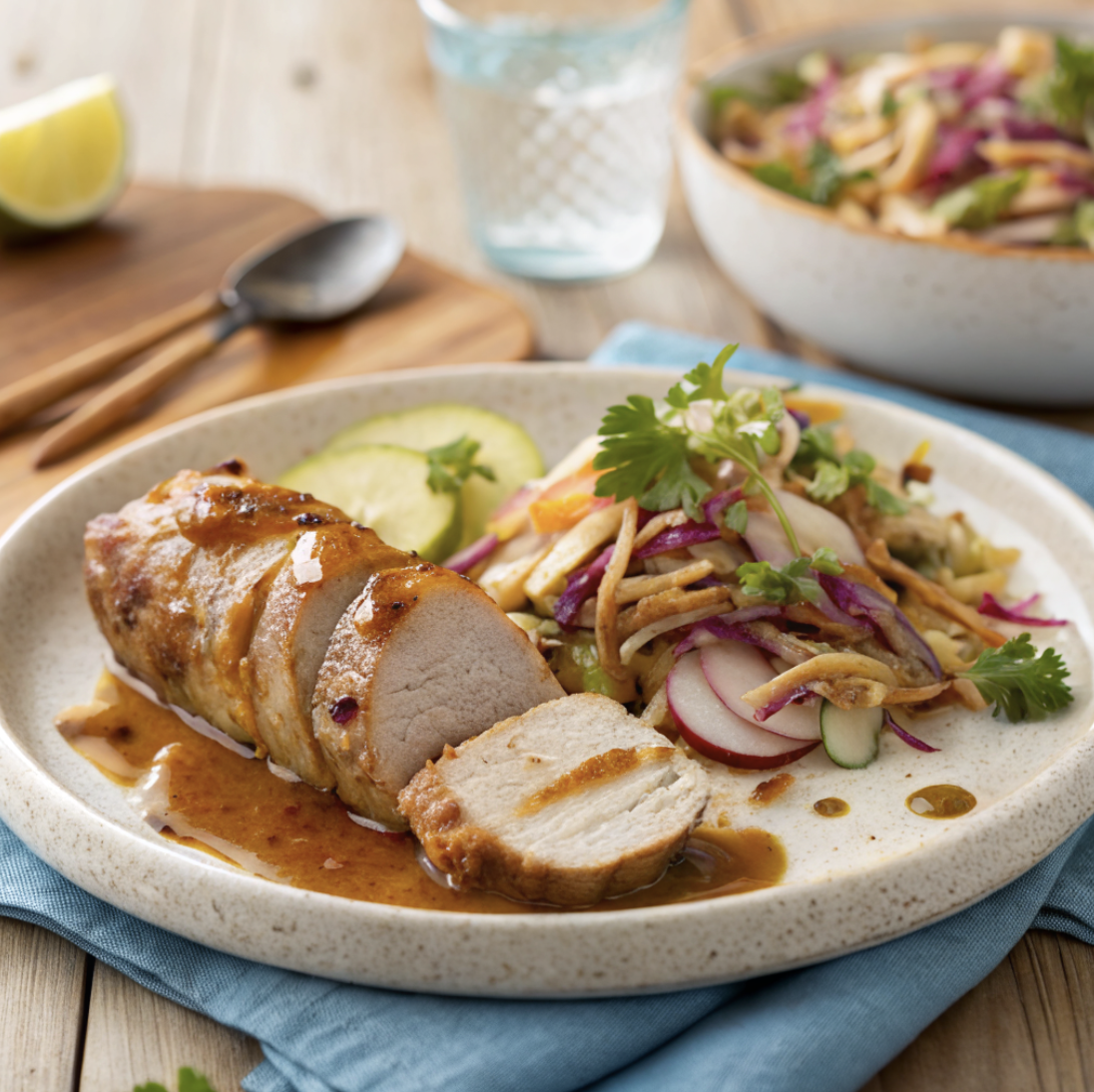 Maple-glazed pork tenderloin on a serving plate with a sweet glaze and an apple slaw.