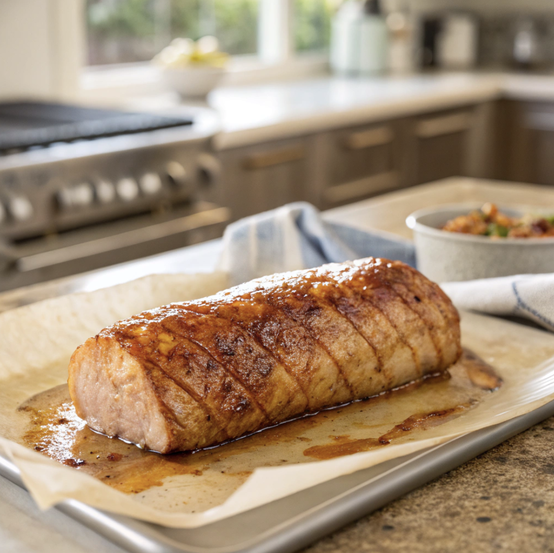 A roasted pork tenderloin on a sheet of parchment paper topped with a sweet glaze.