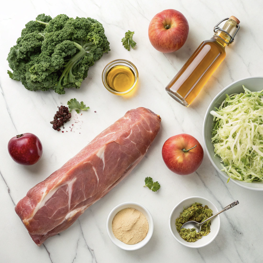 Ingredients you need to make maple pork tenderloin with apple slaw on a marble countertop.