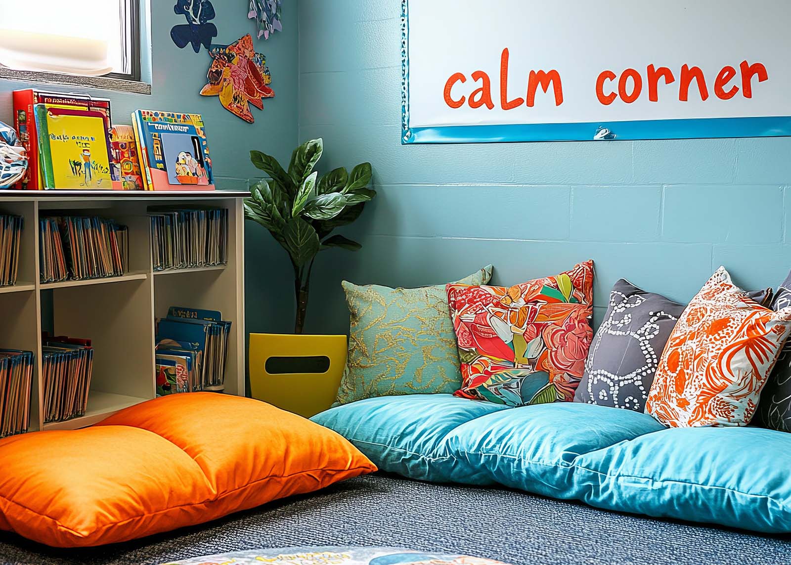 Blue and orange pillows on the floor in the corner of a room with books to read, a calming plant, and the words "calm corner" written on a white board on the wall.