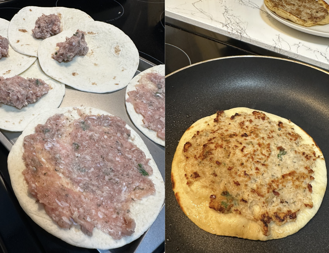 Photos showing how to make smashed chicken gyro tacos in a skillet.