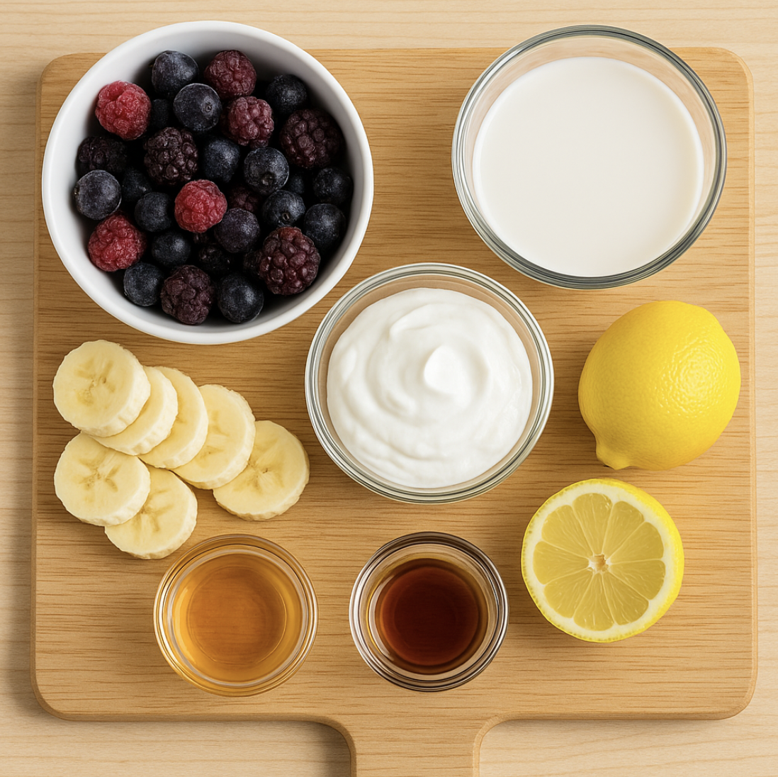 Ingredients needed to make lemon berry power smoothie on a wooden cutting board.