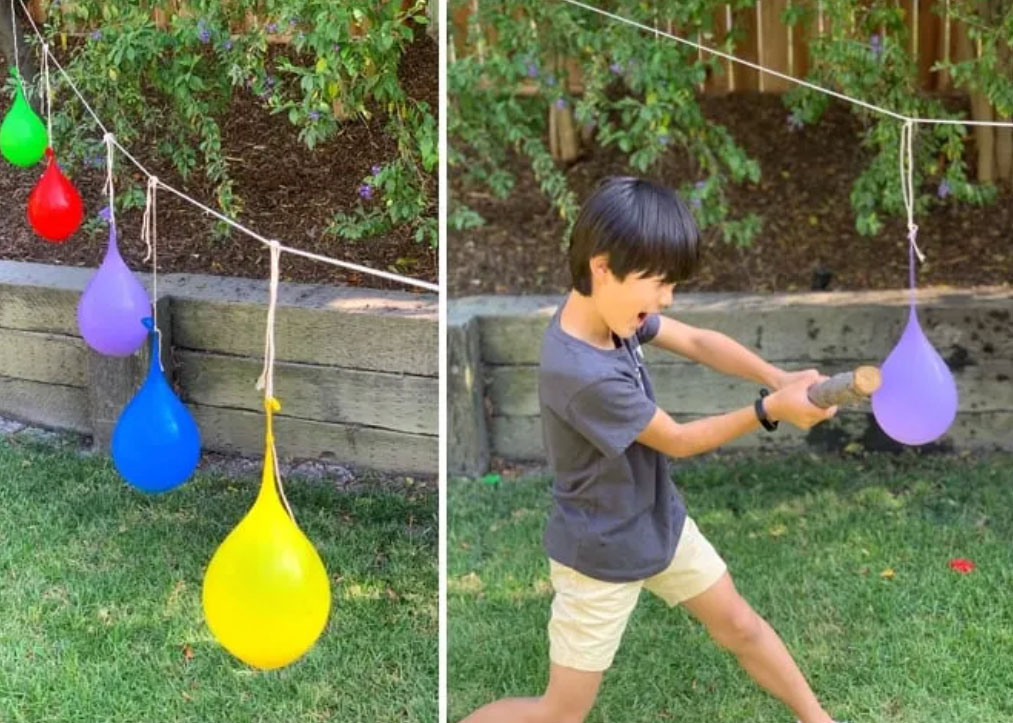 Dual image.  Left image shows colorful water balloons hanging in a line from a rope.  The image on the right shows an 8-yr-old boy swinging a stick at one of the water balloons in an attempt to pop it, like a pinata.