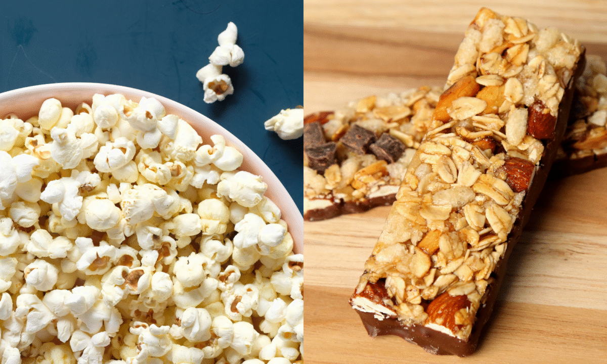 a photo of a bowl of popcorn and a couple of granola bars
