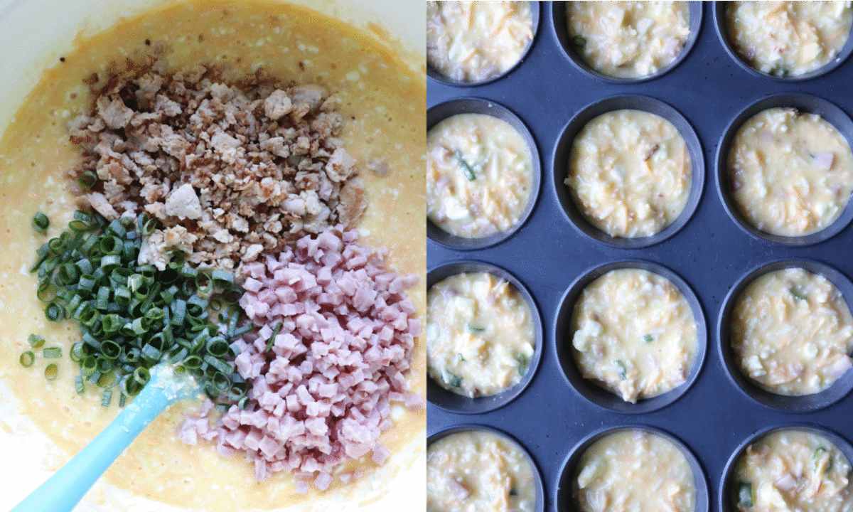 overhead process shots showing how to make breakfast egg puffs with sausage, ham and green onions.