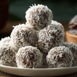 close-up of coconut bliss balls arranged on a white plate with scattered coconut flakes and whole dates in the background