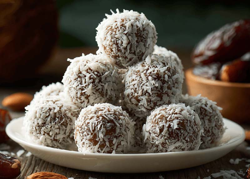 close-up of coconut bliss balls arranged on a white plate with scattered coconut flakes and whole dates in the background