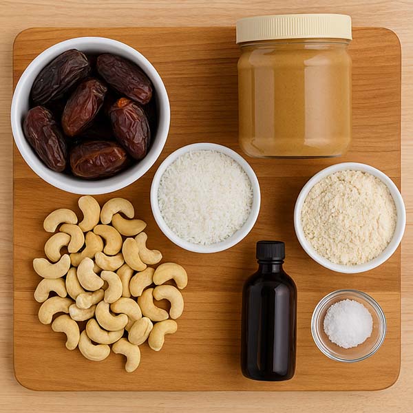 Coconut Bliss Balls Ingredients laid out on a wooden cutting board_ whole Medjool dates, raw cashews, unsweetened shredded coconut, almond butter jar, coconut flour, vanilla extract, and sea salt