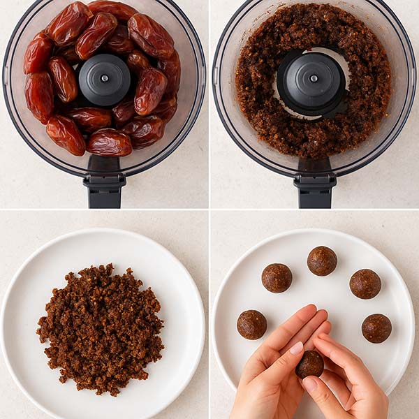 Coconut bliss balls -Step-by-step shots showing dates being processed, then the sticky mixture forming, and hands rolling the mixture into balls