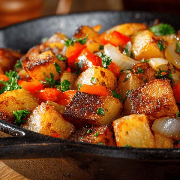 Golden crispy breakfast potatoes mixed with colorful diced bell peppers and onions in a rustic serving bowl, with fresh parsley sprinkled on top and a cast iron skillet visible in the background