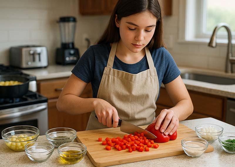Preparing crispy breakfast potatoes, a teenage girl wearing an apron dices a red bell pepper, wearing an apron and working at a kitchen counter with ingredients (salt, black pepper, olive oil, parsley, onion powder, diced onion) in small glass bowls spread out on the counter.  In the background show a pot on the stovetop, boiling diced potatoes, and an empty skillet on the stovetop.  Also in the background, on the kitchen counter, there is a toaster, a blender, and the kitchen sink (below a window). 