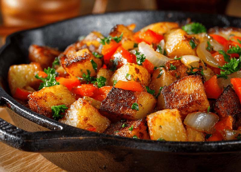 Golden crispy breakfast potatoes mixed with colorful diced bell peppers and onions in a rustic serving bowl, with fresh parsley sprinkled on top and a cast iron skillet visible in the background.