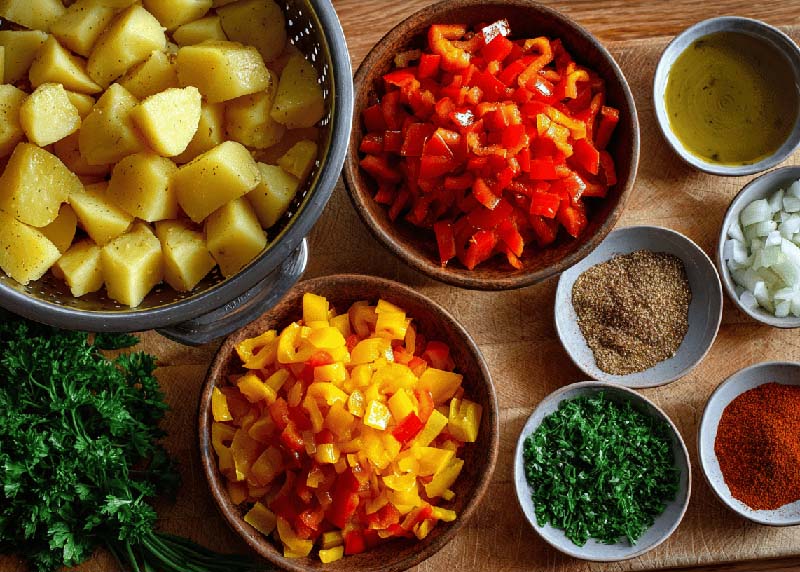Crispy breakfast potatoes ingredients laid out and prepped - cubed Yukon Gold potatoes in a colander, diced colorful bell peppers and onions in separate bowls, measuring spoons with spices smoked paprika, garlic powder, onion powder, olive oil and fresh parsley.