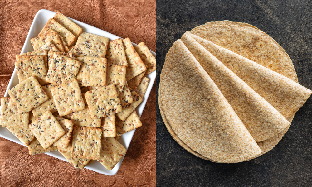 a plate of whole wheat crackers and whole wheat tortillas