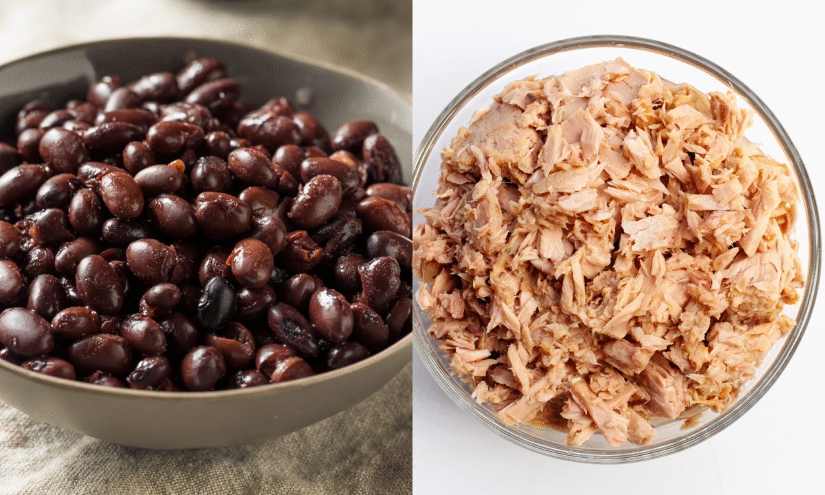 a picture of a bowl of black beans and a bowl of tuna fish