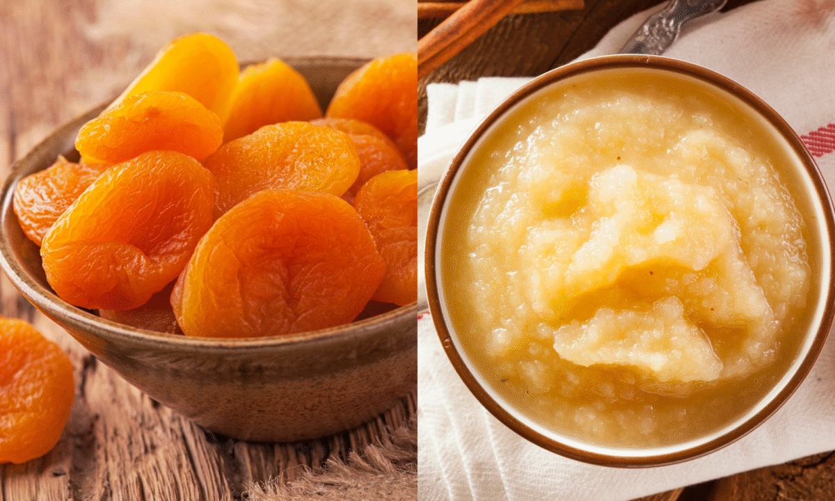 a bowl of dried apricots and a bowl of applesauce