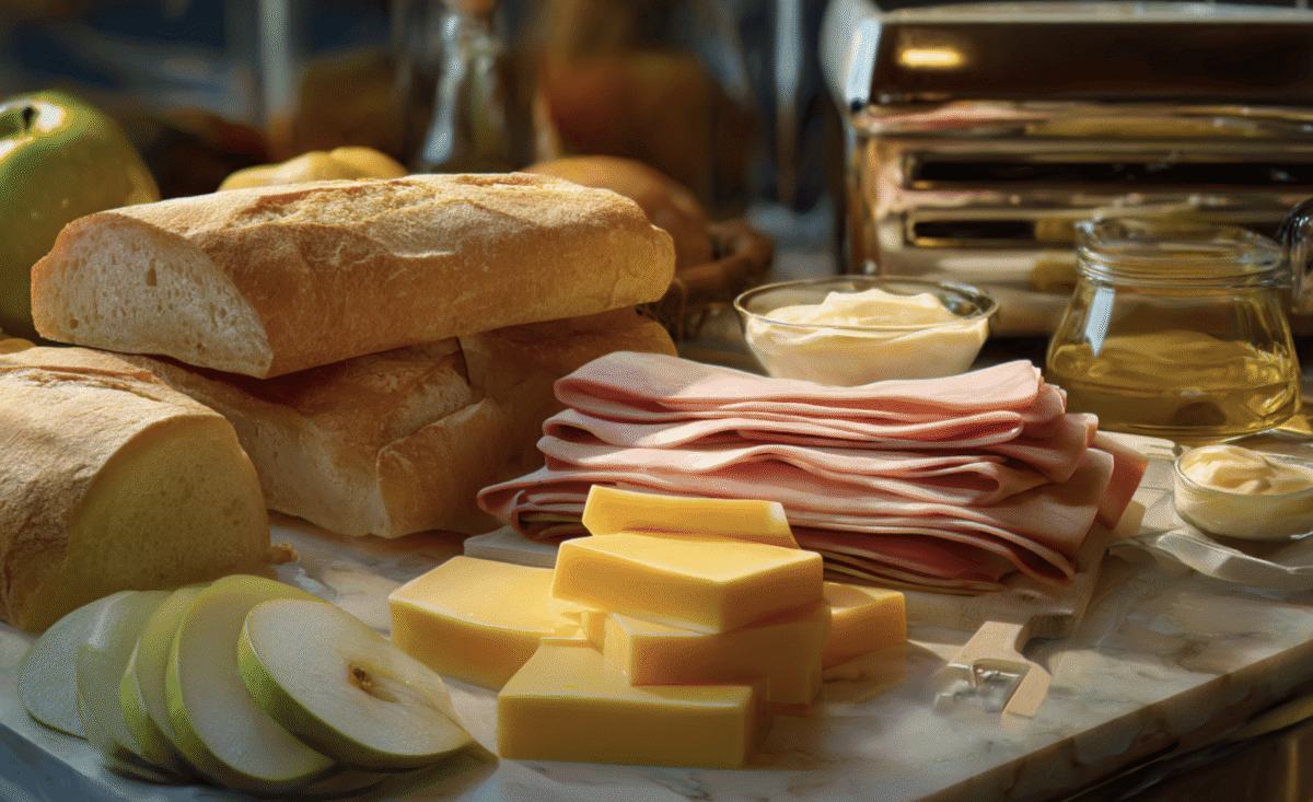 Ingredients needed to make ham and cheese paninis with apples on a marble countertop