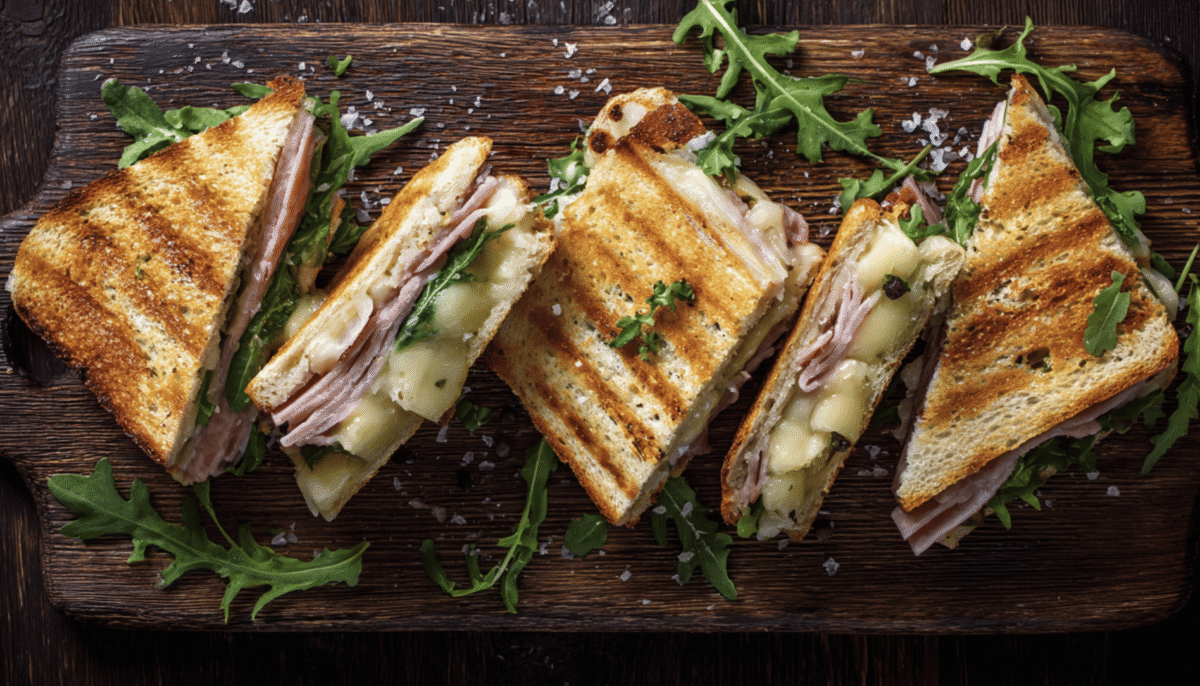 ham and cheese paninis with arugula on a wooden cutting board