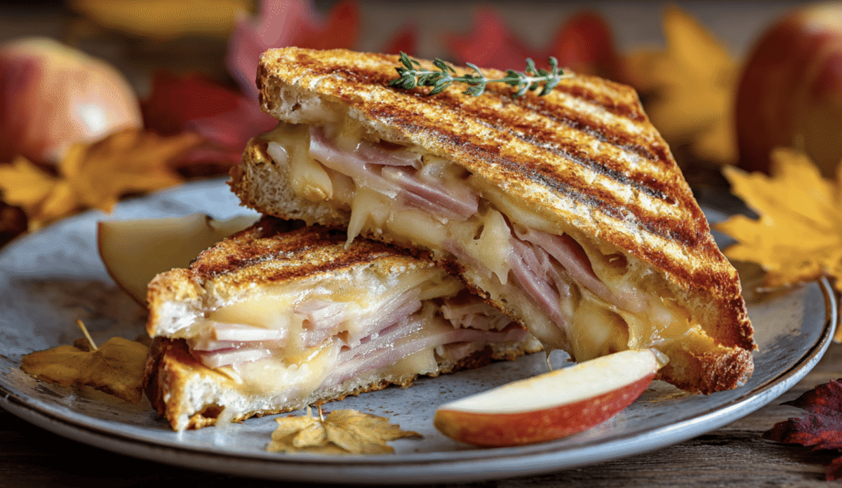 a ham, apple and cheese panini on a blue plate with scattered leaves and apple wedges.