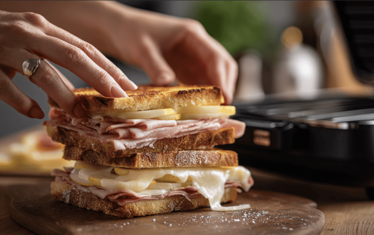 A stack of sandwiches with a panini press in the background