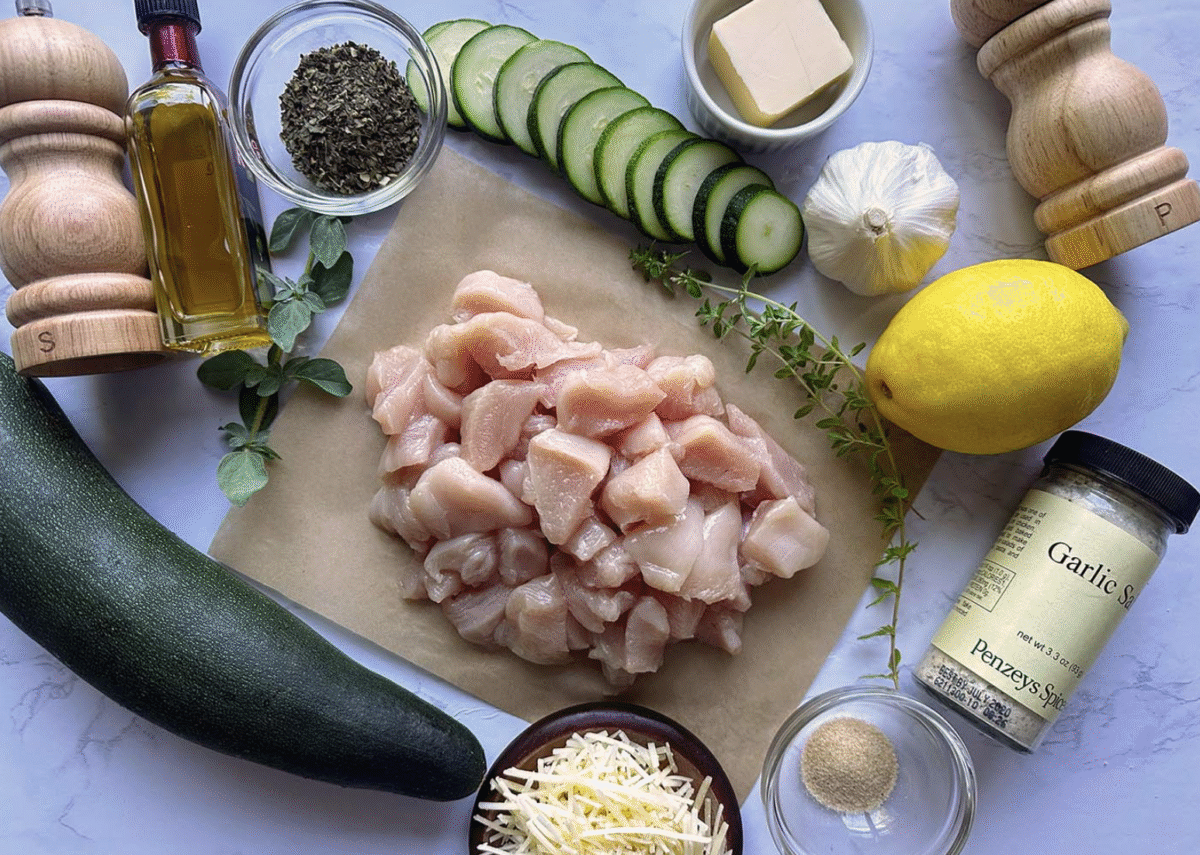 Ingredients needed to make lemon chicken zucchini parmesan skillet dinner on a marble countertop
