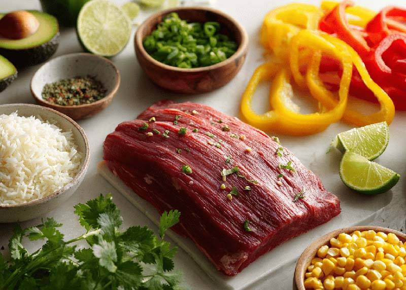 Steak fajita bowls ingredients displayed on a white cutting board including flank steak, sliced red and yellow bell peppers, chopped cilantro, white rice, sliced avocado, and yellow corn