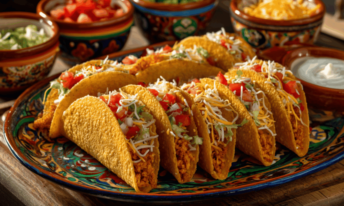 Homemade mini tacos on a colorful platter topped with lettuce, tomatoes and shredded cheese