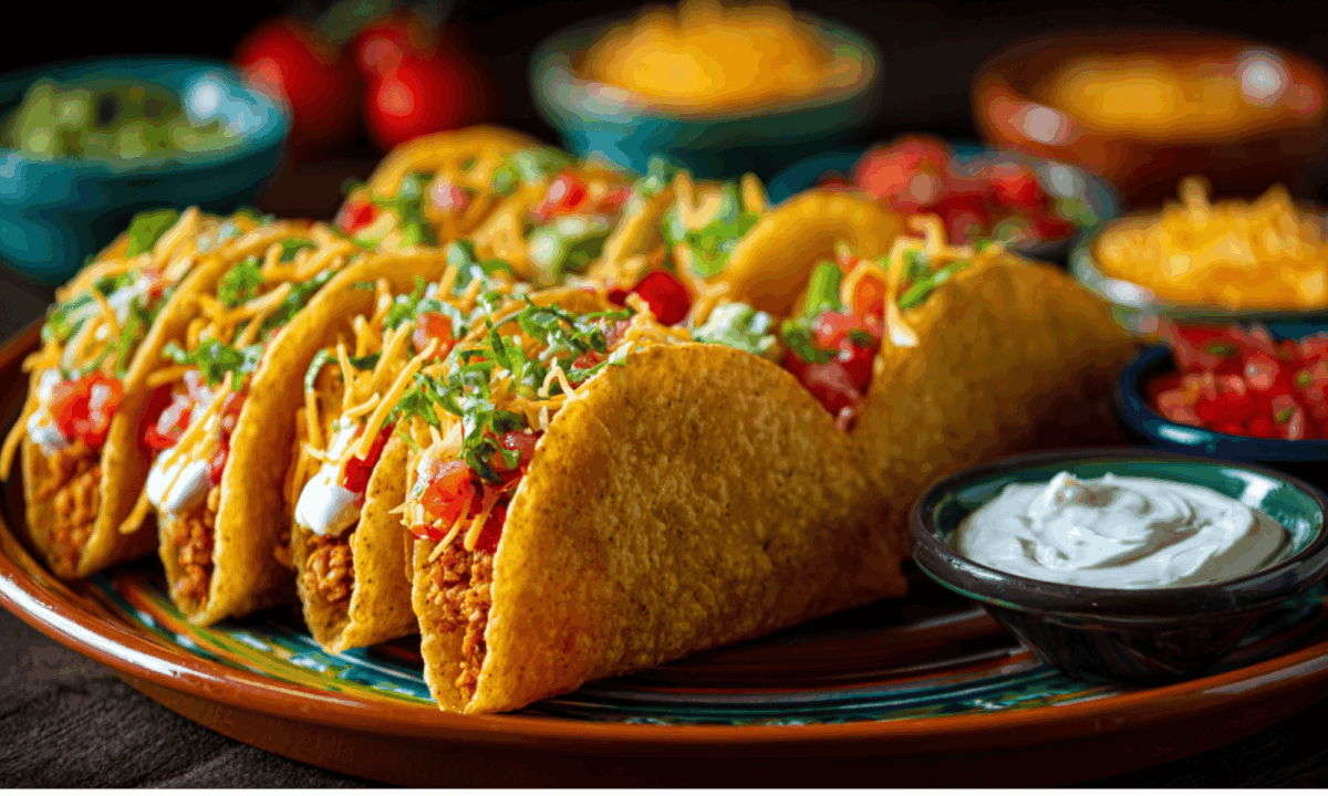 Ground beef tacos with lettuce, tomatoes, sour cream and cheese on a serving platter.