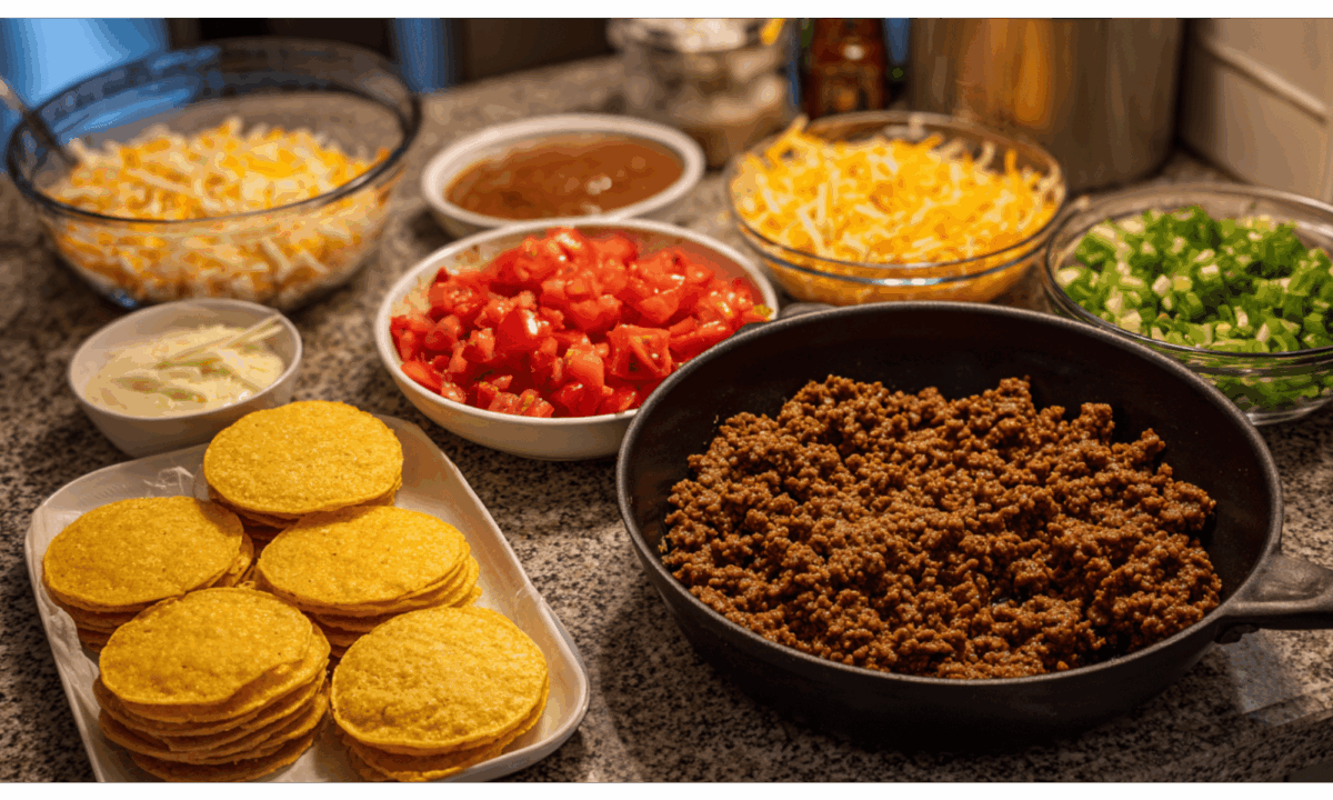 Ingredients you need to make mini tacos for kids spread out on a kitchen counter.