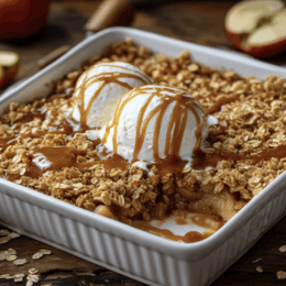 salted caramel apple crisp in a white ceramic dish topped with vanilla ice cream and a caramel drizzle