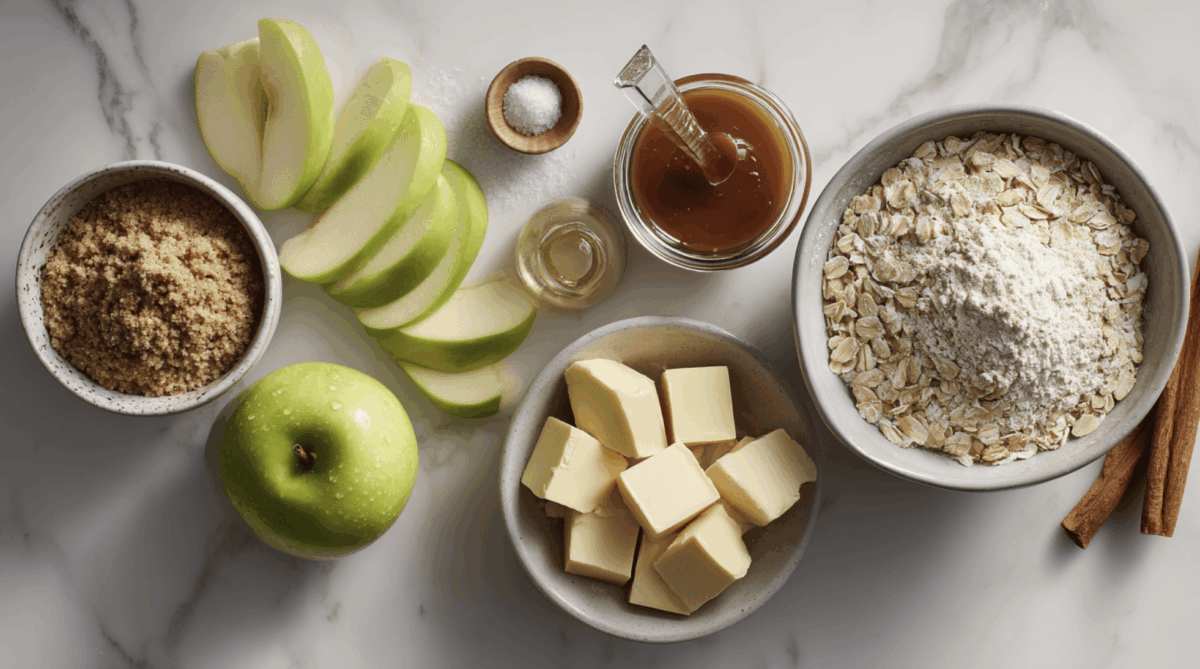 Ingredients needed to make salted caramel apple crisp