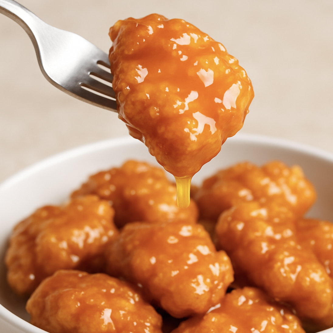 a close up image of crispy orange chicken on a fork