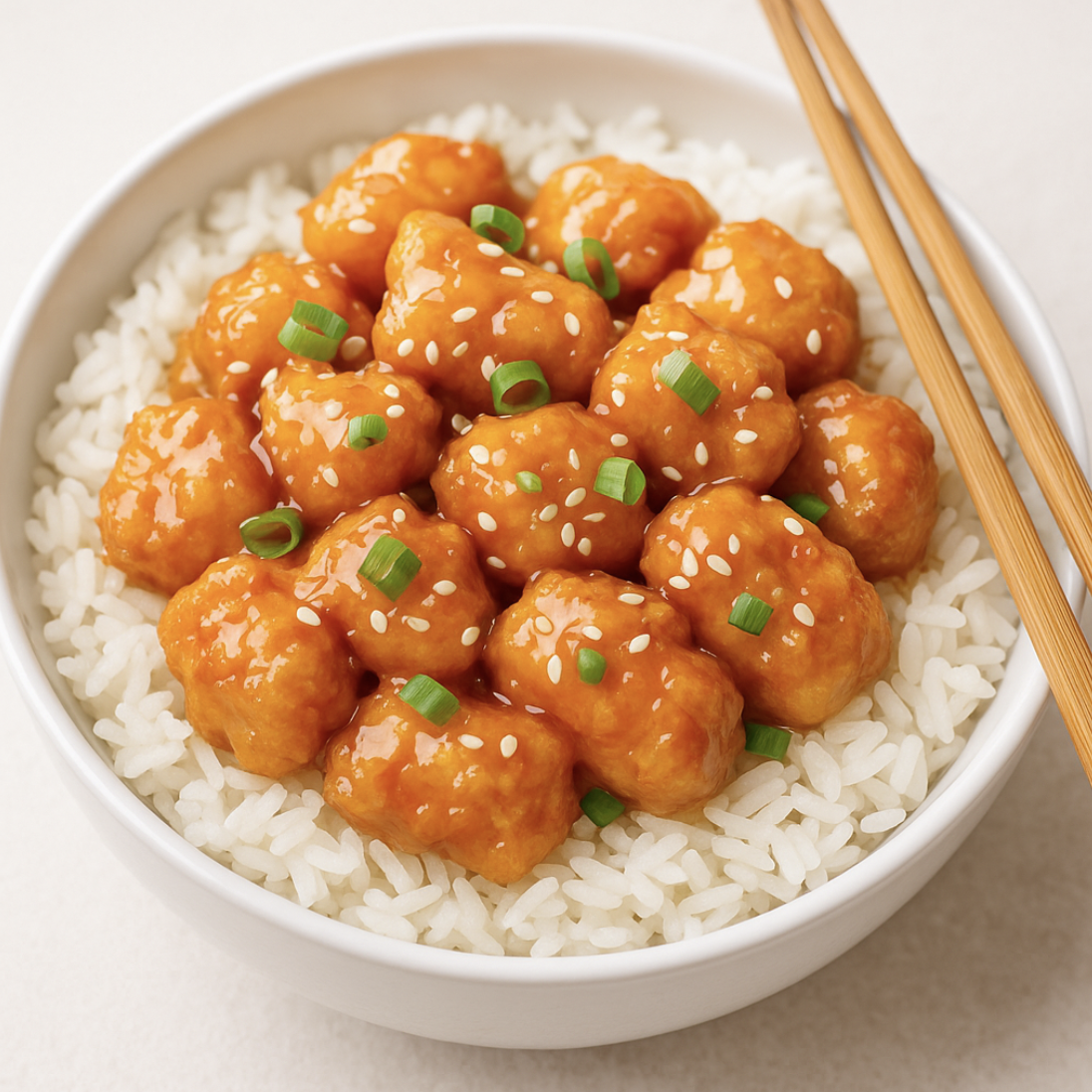 easy orange chicken in a bowl with rice topped with sesame seeds and sliced green onions and a pair of wooden chopsticks