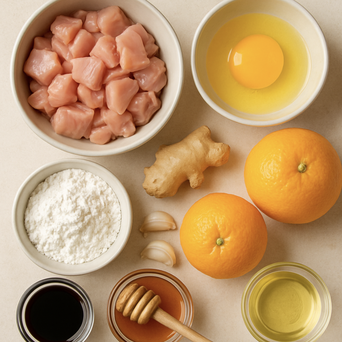 ingredients needed to make crispy orange chicken displayed on a countertop