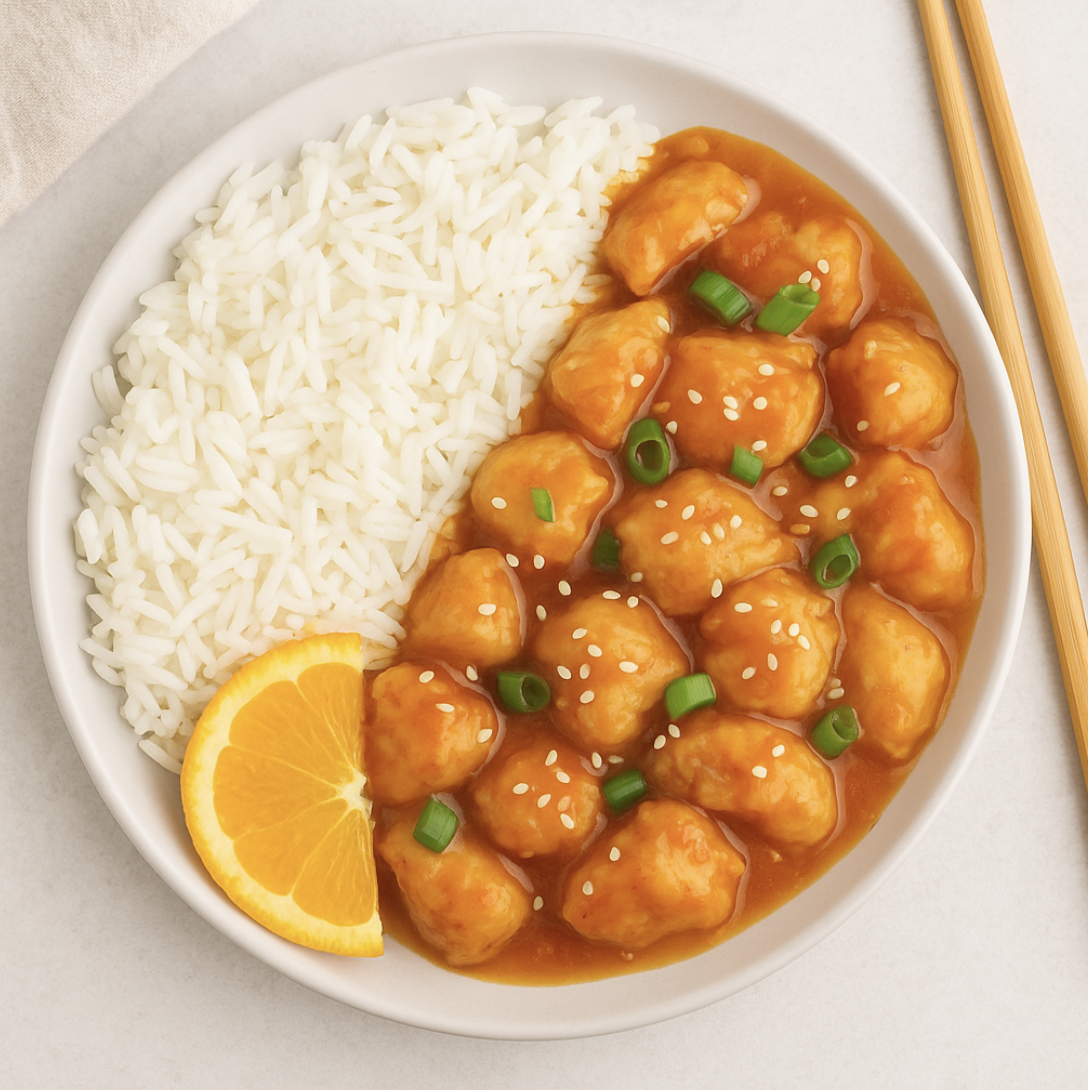 easy orange chicken recipe in a bowl with rice and sliced green onions garnished with an orange slice
