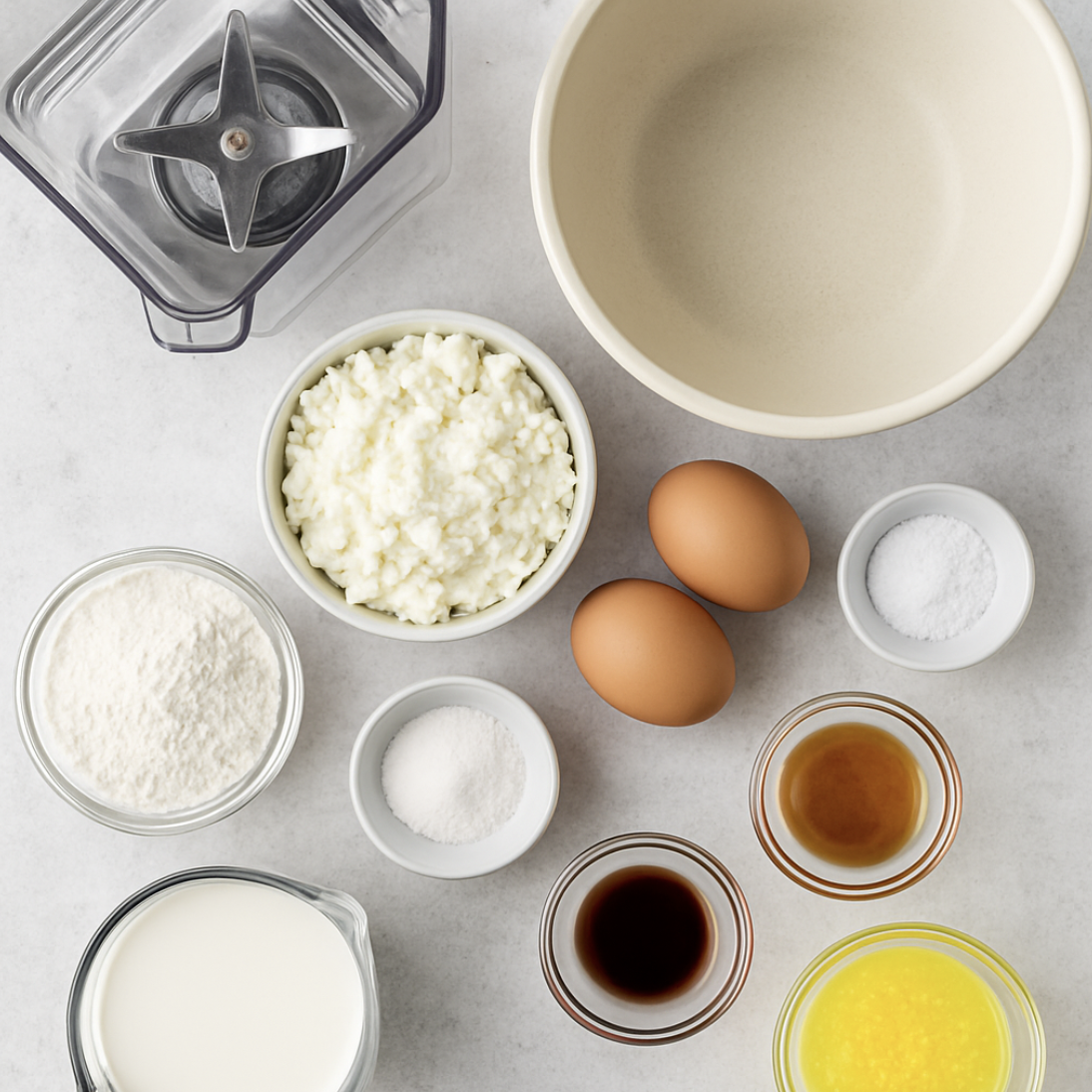 ingredients needed to make cottage cheese pancakes spread out on a marble countertop