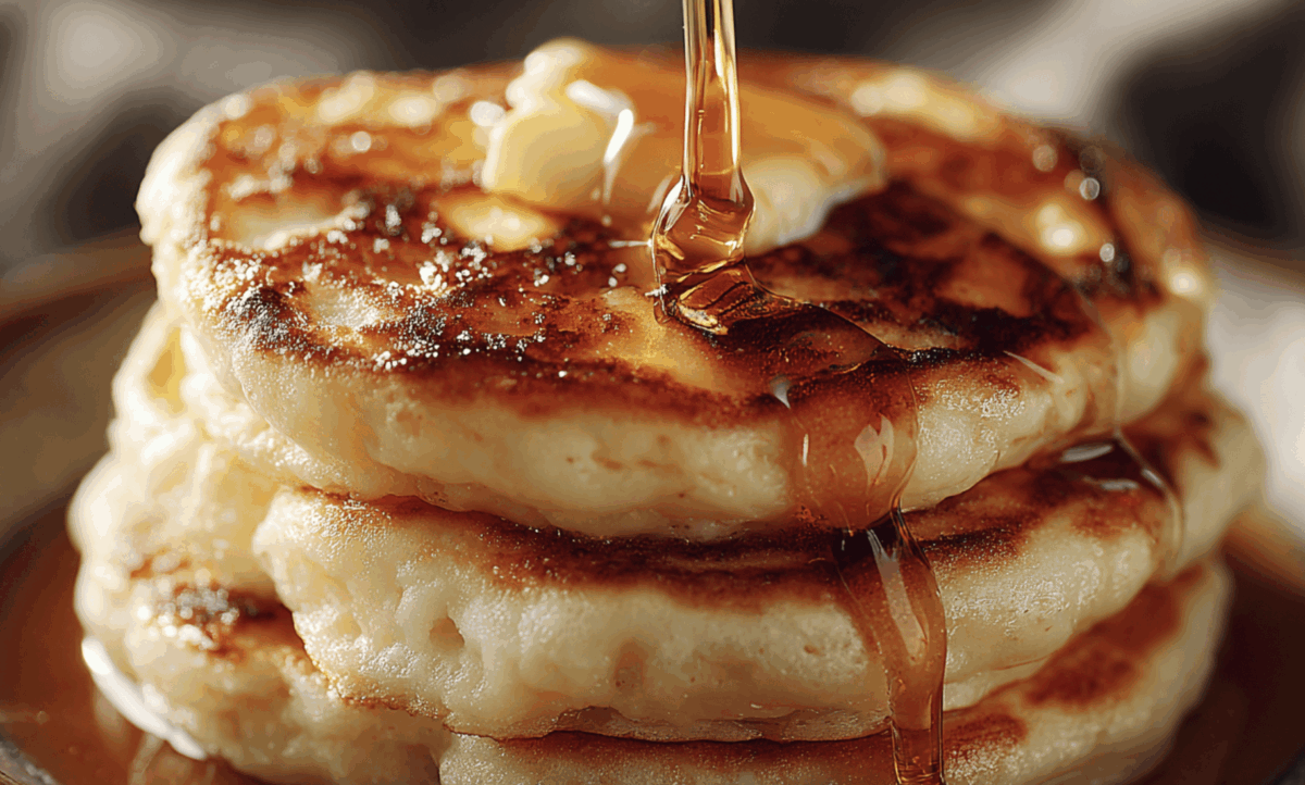 s close up image of cottage cheese pancakes topped with a pat of butter and a drizzle of maple syrup