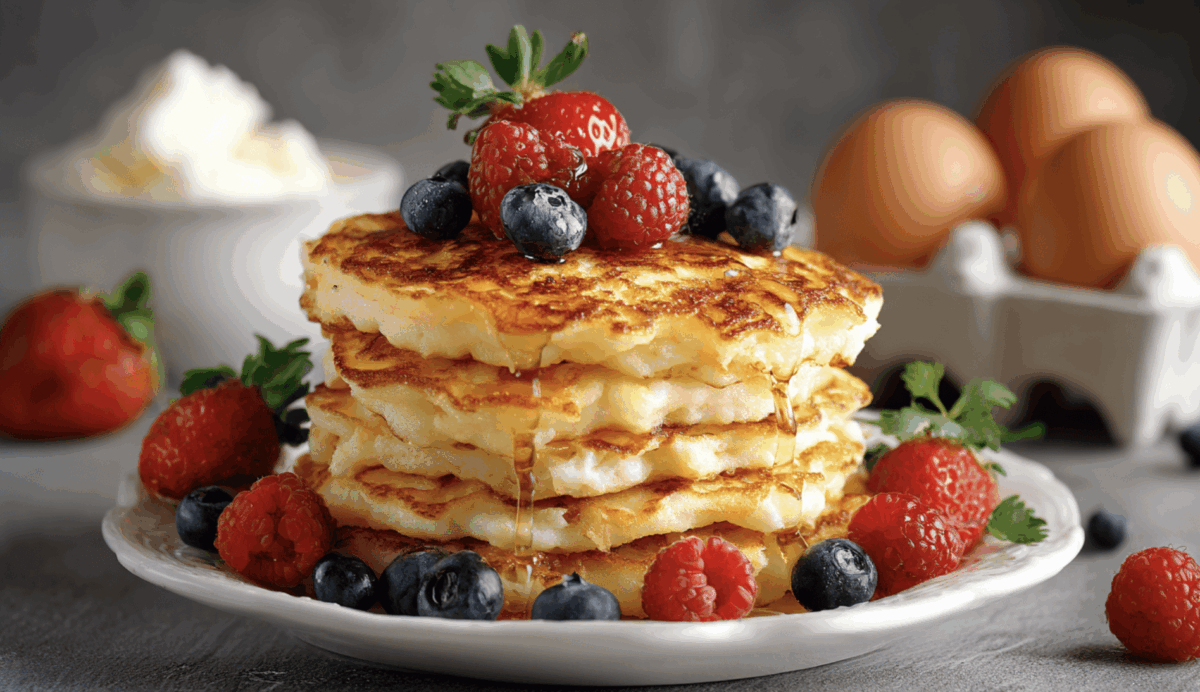 cottage cheese pancakes stacked on a plate and topped with fresh berries and maple syrup