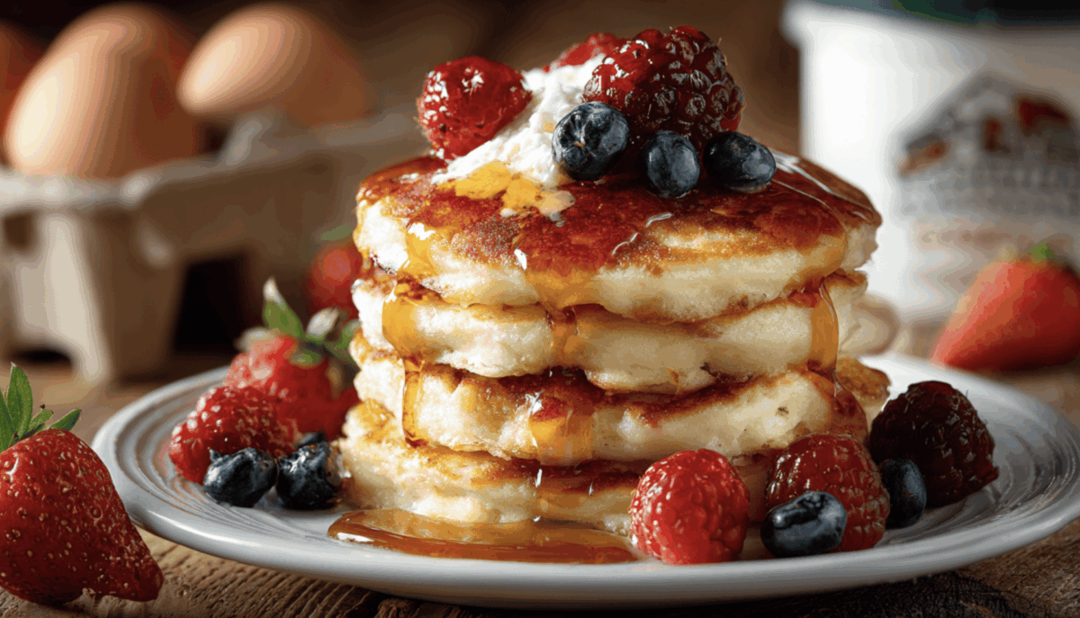 a stack of cottage cheese pancakes topped with berries, cottage cheese and maple syrup with eggs and strawberries in the background.